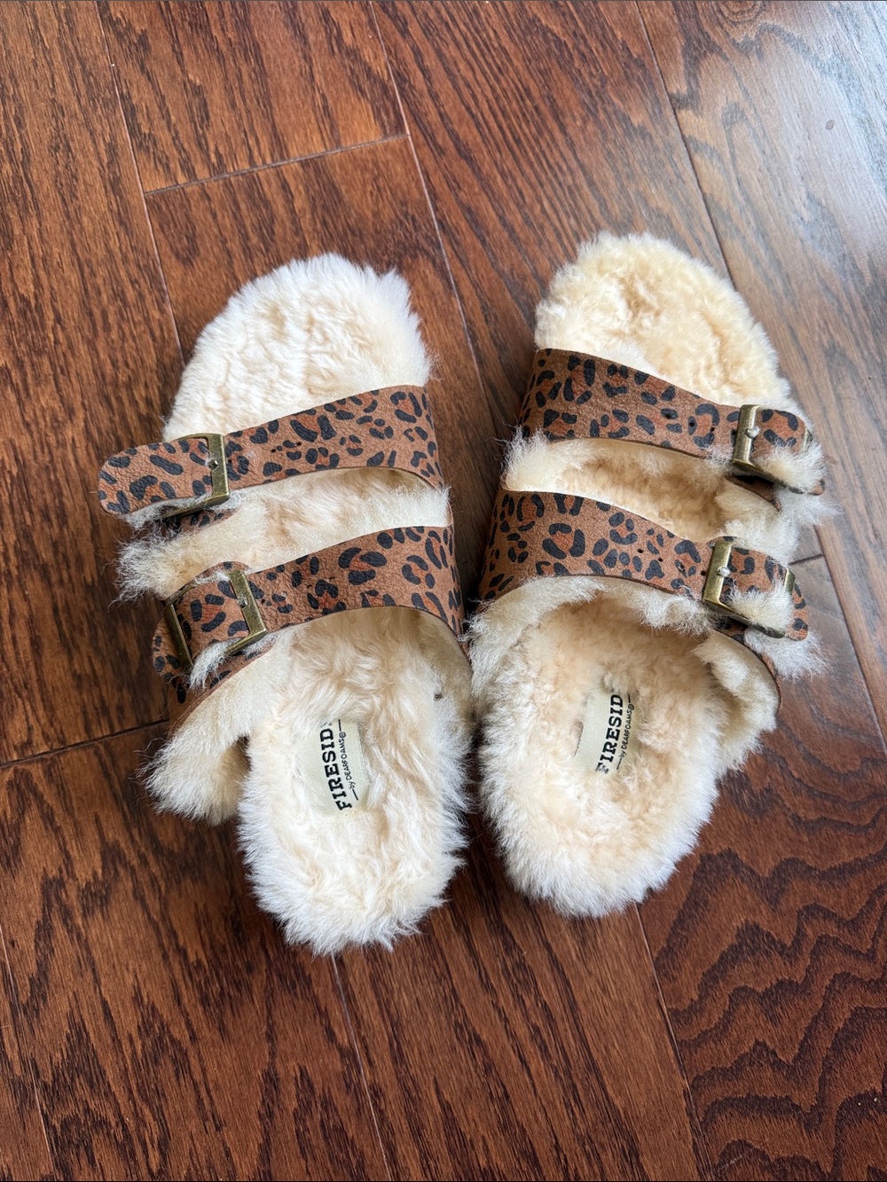 Fireside by Dearfoam, cheetah print double strap shearling sandals